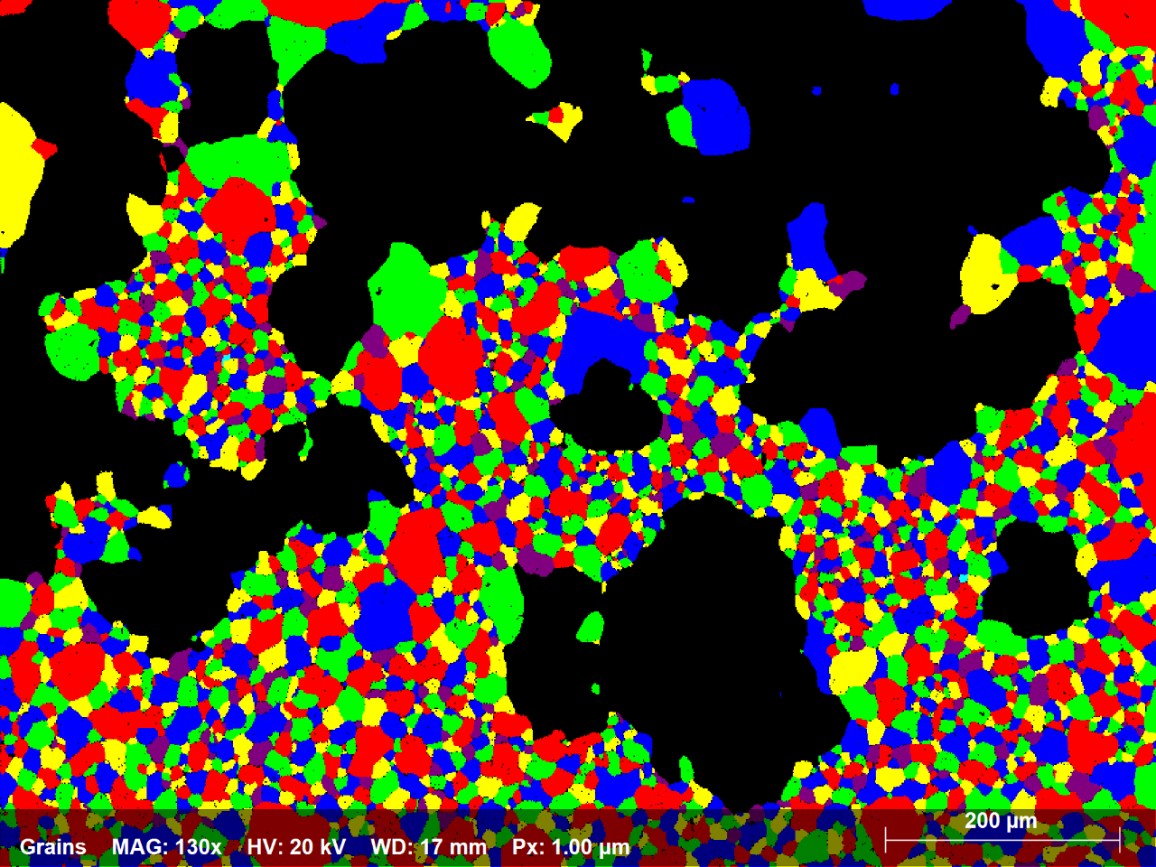图1.4：Ni-Alloy EBSD图的子集以随机颜色显示的所有晶粒的直径小于70米；有2250粒，代表地图区域的58％