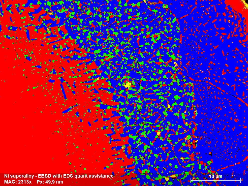 EBSD阶段与EDS-assistance地图:所有阶段都是杰出的协助下。索引率98 6%,没有misindexing和细碳化物解决。EDS-assisted EBSD索引可以住在SEM或离线,允许随时纠正或完成测量,不需要花额外的时间在扫描电镜。