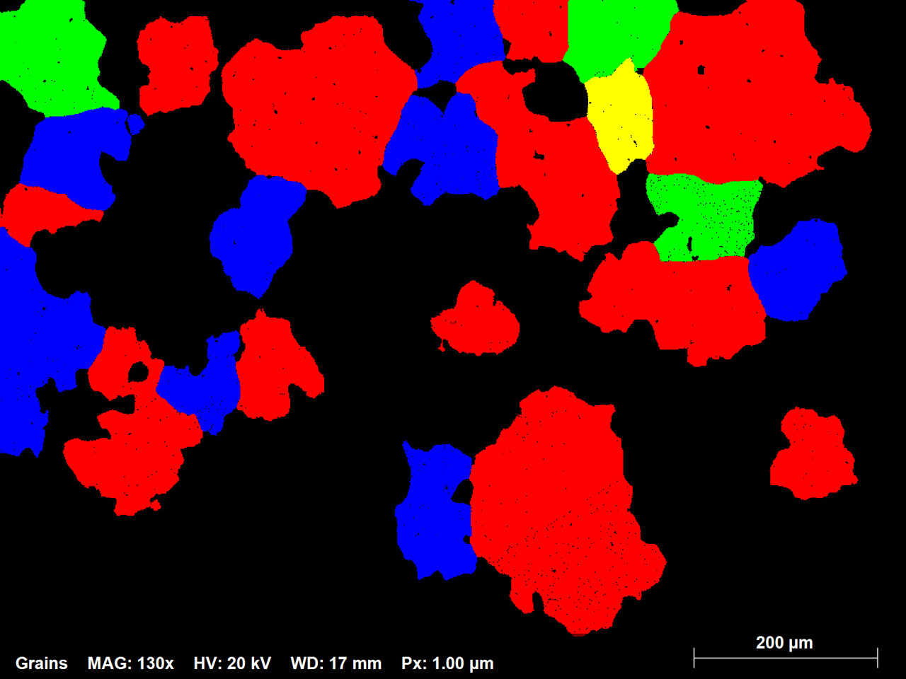图1.3：Ni-Alloy EBSD图的子集以随机颜色显示的所有晶粒的直径大于70米；晶粒总数的1％代表地图区域的约42％