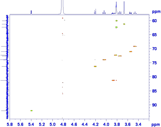 400μ (2mM)蔗糖in H2O:D2O 9:1, 1H-13C HSQC, Ns=2，培养时间:11