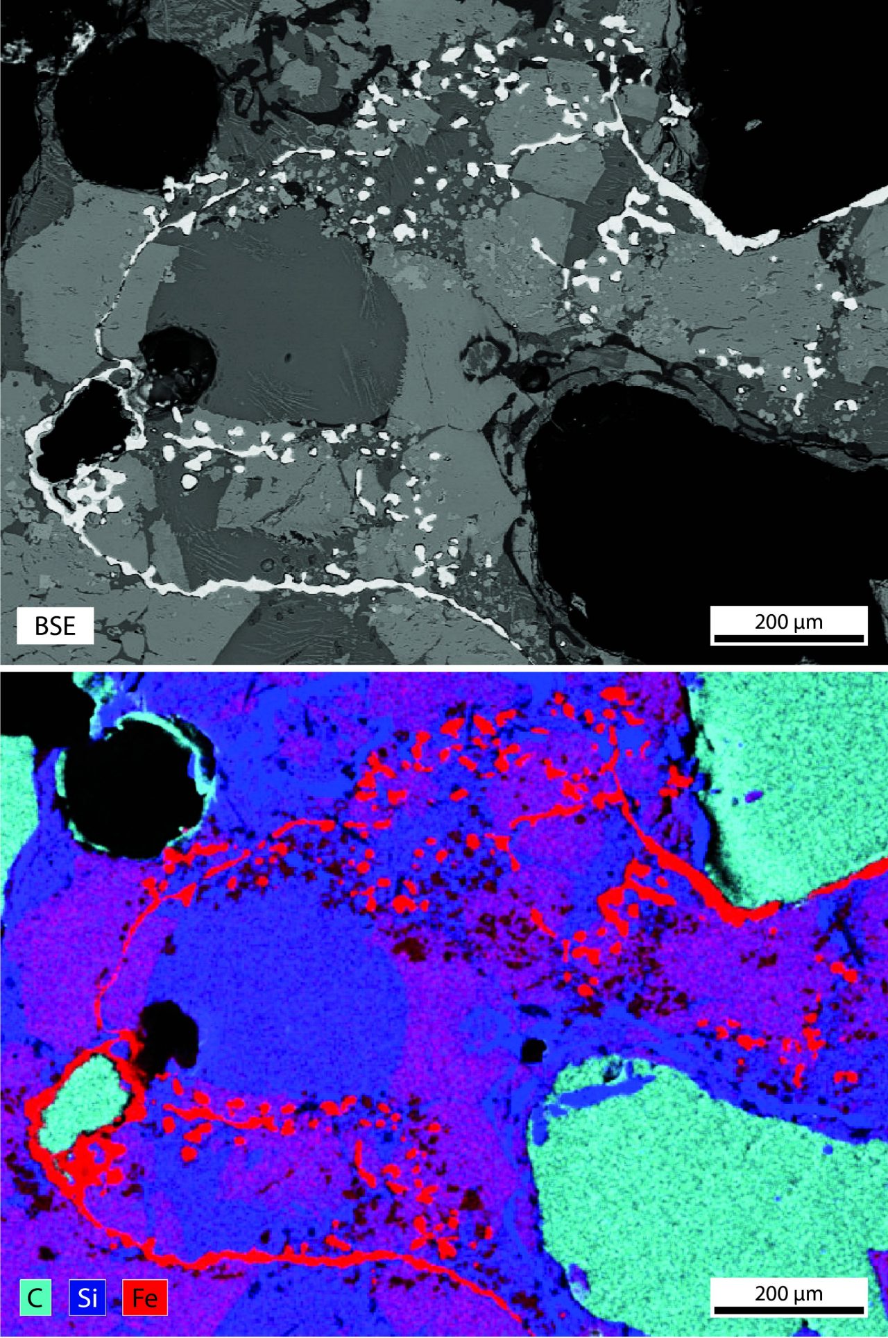 炉陶瓷中生成一个实验的一个例子用于铁冶炼繁殖条件。明亮的地区上图像与高铁相关的内容在下图(红色),并显示熔融金属的渗透到血管壁。