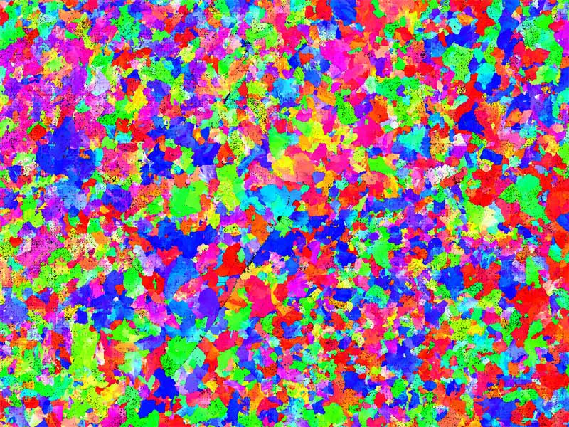 变形铁素体钢的方向图，原始图尺寸为1600x1200(1,920,000)个图案，像素大小为0.610µm, 36秒内重新索引，54,000点/秒，1.6%零溶液